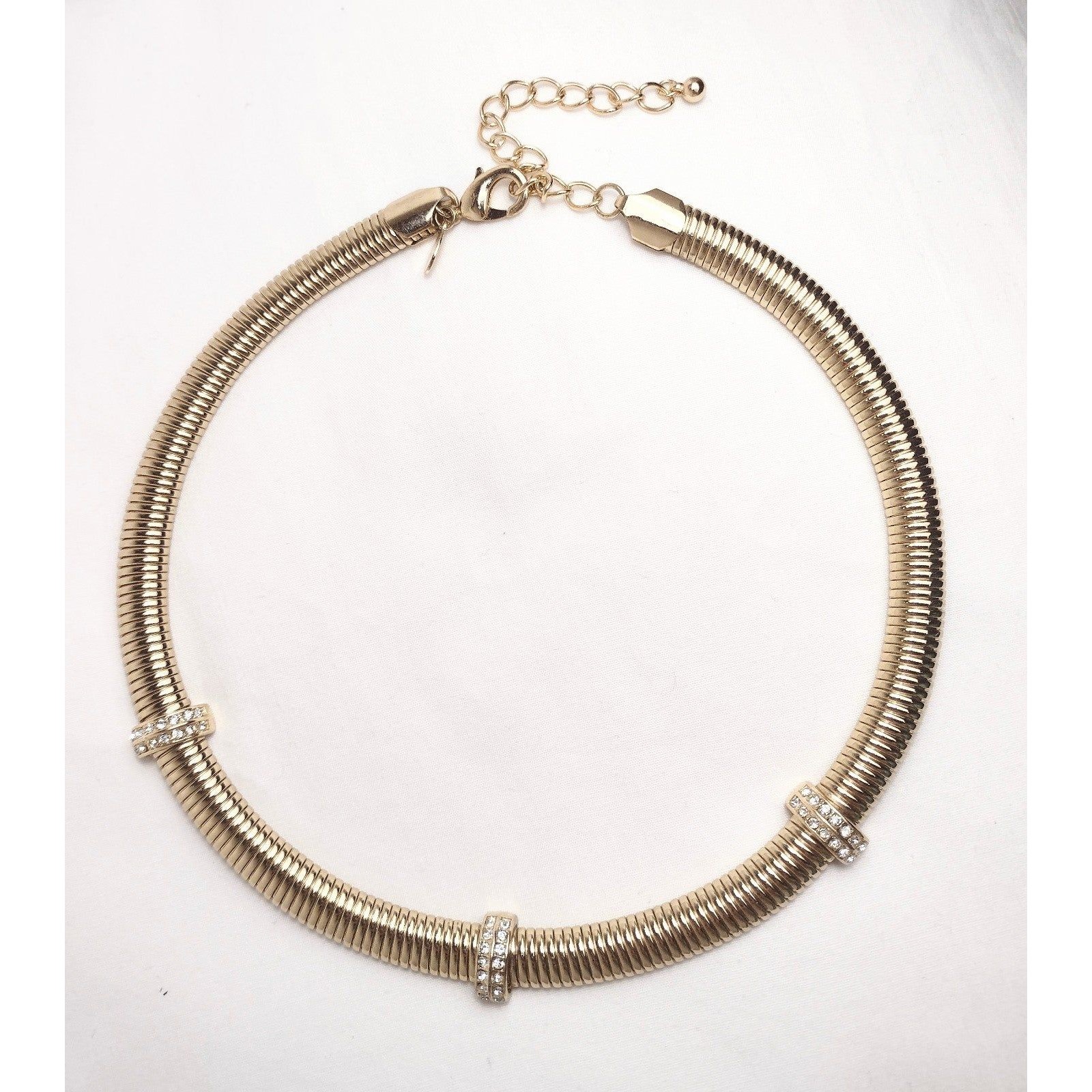 Vintage Omega Coil Gold Tone Rhinestone Statement Necklace